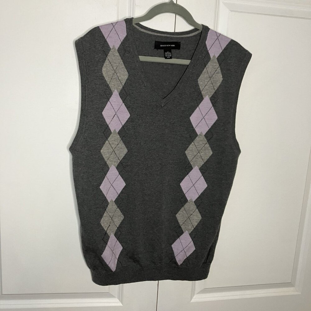 Jones New York Merino Wool Sweater Vest Mens L Argyle Gray Academia Grandpa Knit